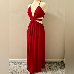 Red Halter cutout maxi dress.